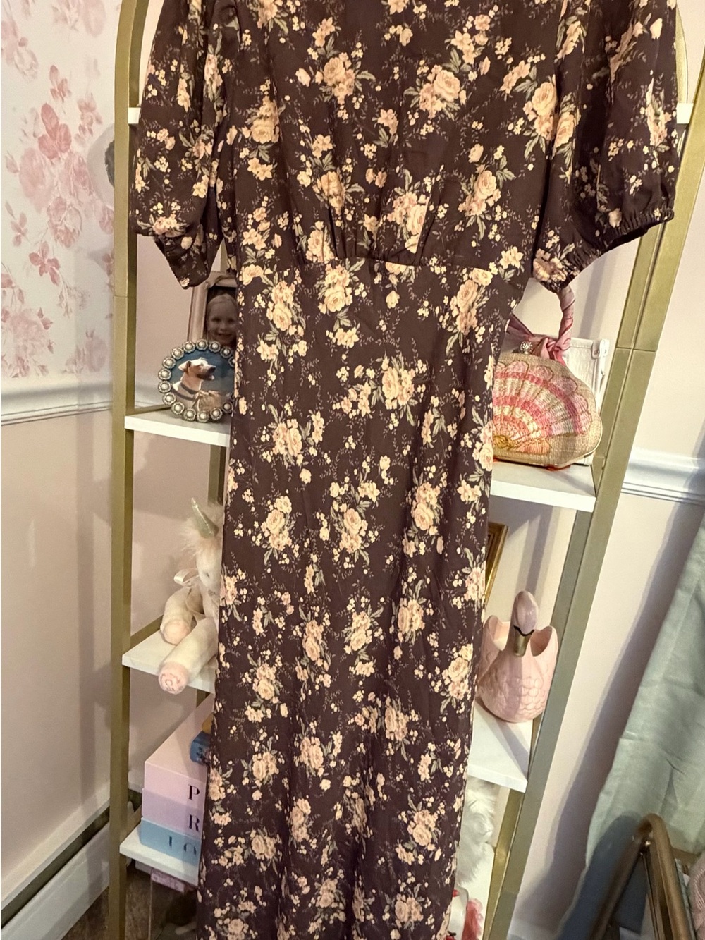 In Bloom Brown Floral Puff-Sleeve Maxi Dress